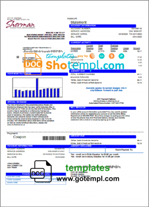 editable template, USA City of Sherman utility bill template in Word and PDF format