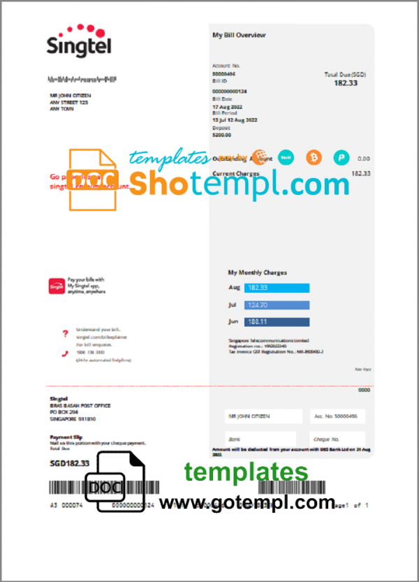 editable template, USA Singtel utility bill template in Word and PDF format