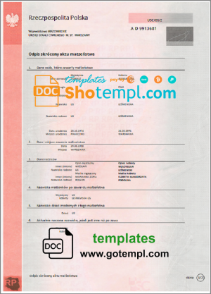 editable template, Poland marriage certificate template in Word and PDF format