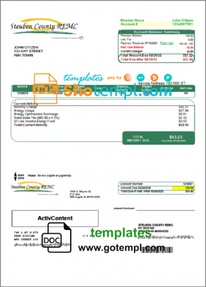 editable template, USA Steuben Country REMC utility bill template in Word and PDF format