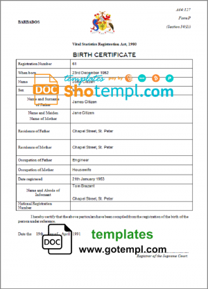 editable template, Barbados birth certificate template in Word and PDF format