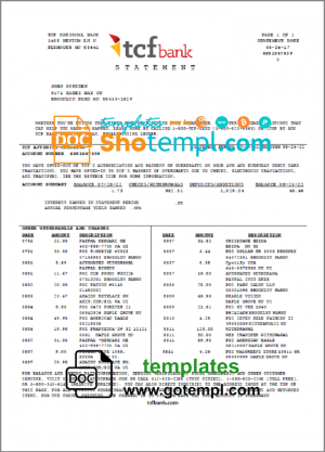 editable template, USA TCF Bank bank statement template in Word and PDF format