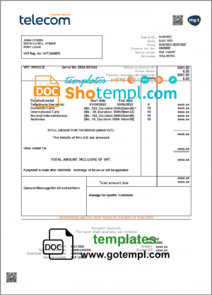 editable template, Mauritius Telecom Mauritius utility bill template in Word and PDF format