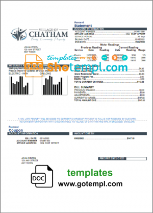 editable template, USA Village of Chatham utility bill template in Word and PDF format