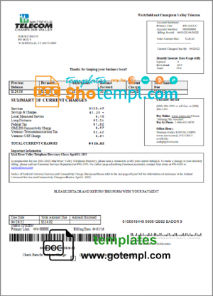 editable template, USA Waitsfield Telecom utility bill template in Word and PDF format