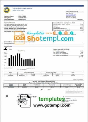 editable template, USA Washington Water Service utility bill template in Word and PDF format