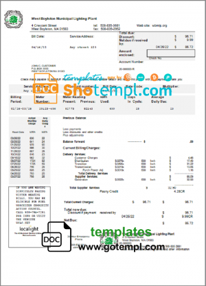 editable template, USA West Boylston utility bill template in Word and PDF format