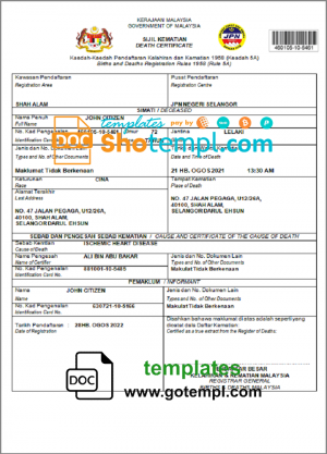 editable template, Malaysia death certificate template in Word and PDF format