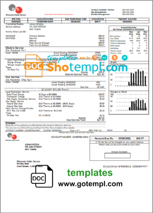 editable template, USA WPS utility bill template in Word and PDF format