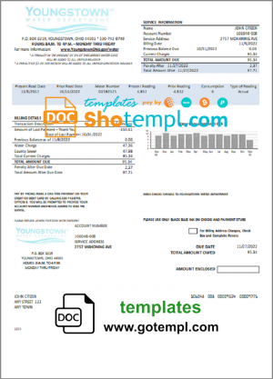 editable template, USA Youngstown Water Department utility bill template in Word and PDF format