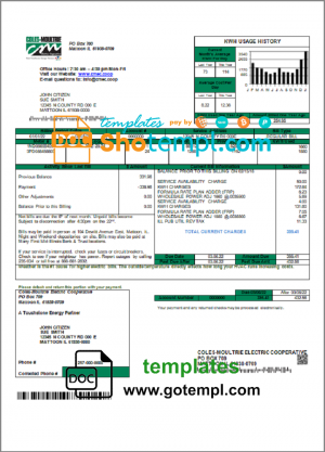editable template, USA Coles - Moultrie utility bill template in Word and PDF format