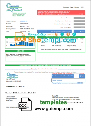 editable template, USA Consolidated Mutual Water utility bill template in Word and PDF format