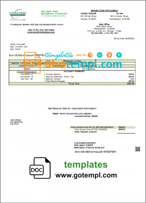 editable template, USA Consumers Energy utility bill template in Word and PDF format