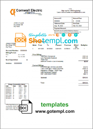 editable template, USA Cornwall Electric utility bill template in Word and PDF format