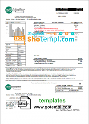 editable template, USA Craighead Electric utility bill template in Word and PDF format