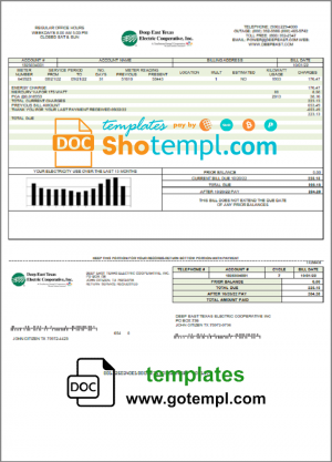 editable template, USA Deep East Texas Electric utility bill template in Word and PDF format