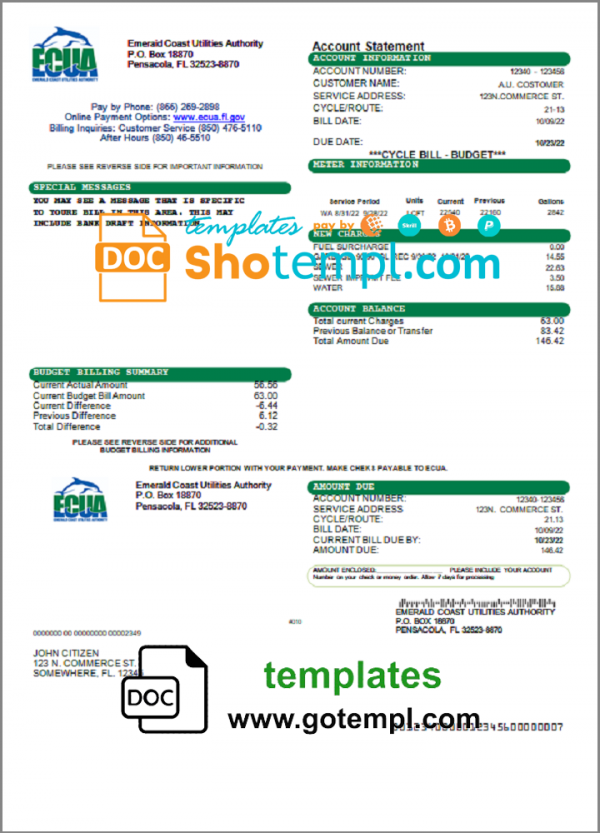 editable template, USA ECUA utility bill template in Word and PDF format