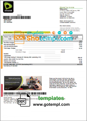 editable template, UAE Etisalat utility bill template in Word and PDF format
