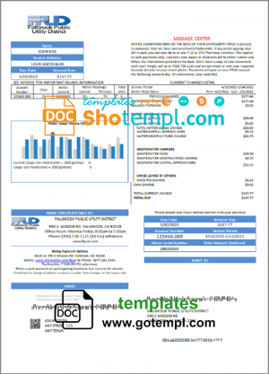 editable template, USA Fallbrook Public utility bill template in Word and PDF format