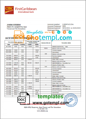 editable template, Saint Vincent and The Grenadines First Caribbean International Bank statement template in Word and PDF format