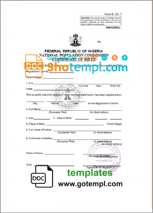 editable template, Nigeria birth certificate template in Word and PDF format