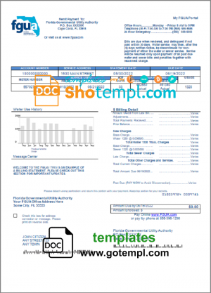 editable template, USA Florida FGUA utility bill template in Word and PDF format