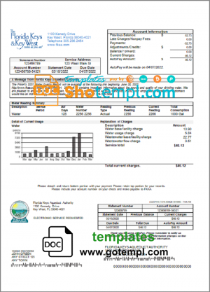 editable template, USA Florida Florida Keys utility bill template in Word and PDF format