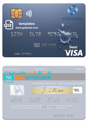 editable template, Uzbekistan KDB Bank visa debit card template in PSD format