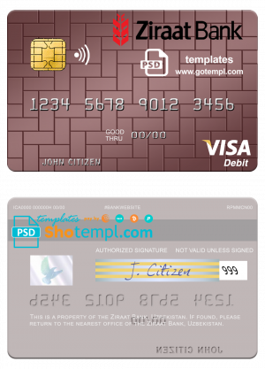 editable template, Uzbekistan Ziraat Bank visa debit card template in PSD format
