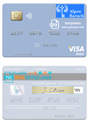 editable template, Vanuatu Alpen Baruch Bank Limited visa debit card template in PSD format