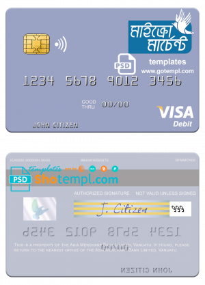 editable template, Vanuatu Asia Merchant Bank Limited visa debit card template in PSD format