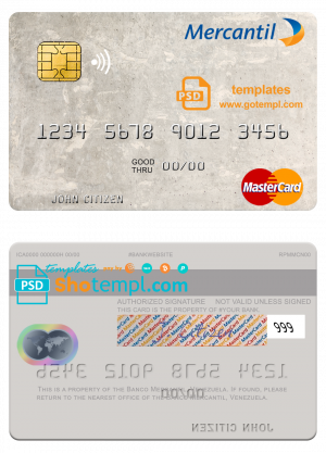 editable template, Venezuela Banco Mercantil mastercard template in PSD format