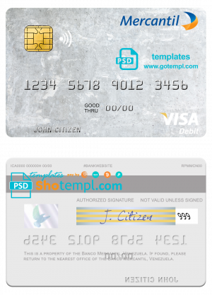 editable template, Venezuela Banco Mercantil visa debit card template in PSD format