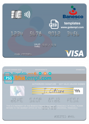 editable template, Venezuela Banesco Banco Universal visa debit card template in PSD format
