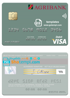 editable template, Vietnam Agribank visa debit card template in PSD format