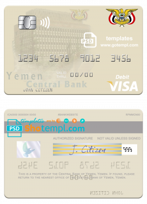 editable template, Yemen Central Bank of Yemen visa debit card template in PSD format
