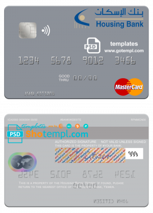 editable template, Yemen Housing Bank mastercard credit card template in PSD format