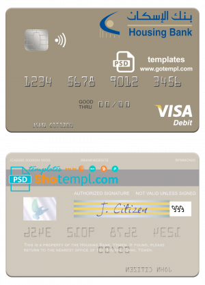 editable template, Yemen Housing Bank visa debit card template in PSD format