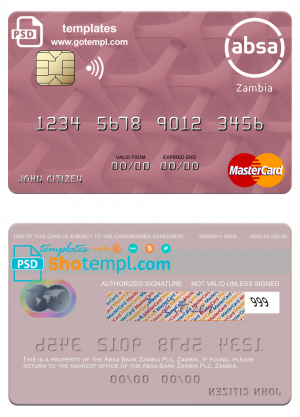 editable template, Zambia Absa Bank Zambia Plc mastercard credit card template in PSD format