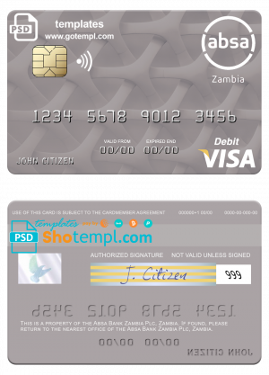 editable template, Zambia Absa Bank Zambia Plc visa debit card template in PSD format