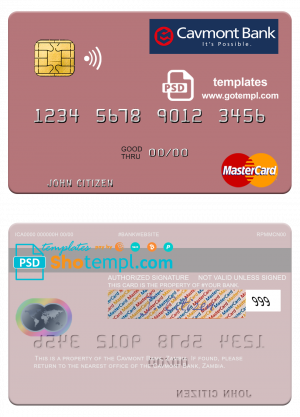 editable template, Zambia Cavmont Bank mastercard credit card template in PSD format