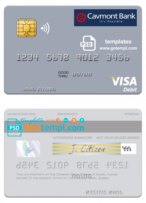 editable template, Zambia Cavmont Bank visa debit credit card template in PSD format