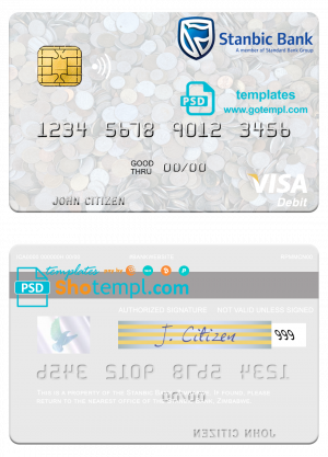 editable template, Zimbabwe Stanbic Bank visa debit card template in PSD format
