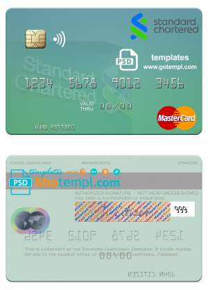 editable template, Zimbabwe Standard Chartered mastercard credit card template in PSD format