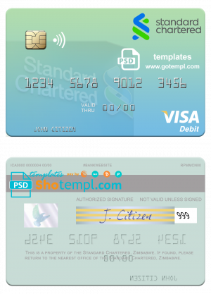 editable template, Zimbabwe Standard Chartered visa debit credit card template in PSD format