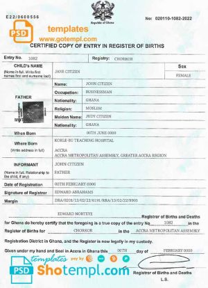 editable template, Ghana birth certificate template in PSD format, fully editable