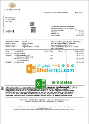 editable template, United Kingdom Al Rayan bank statement template in Excel and PDF format