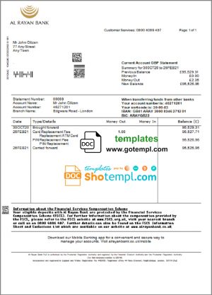 editable template, United Kingdom Al Rayan bank statement template in Word and PDF format