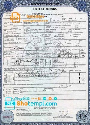 editable template, USA Arizona state death certificate template in PSD format