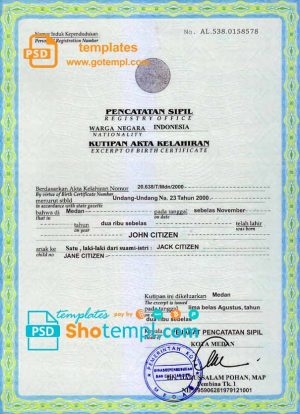 editable template, Indonesia birth certificate template in PSD format, fully editable